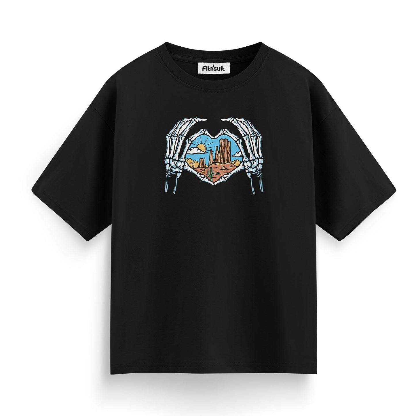Skeleton Hands Forming Heart Over Desert T shirt for everyone