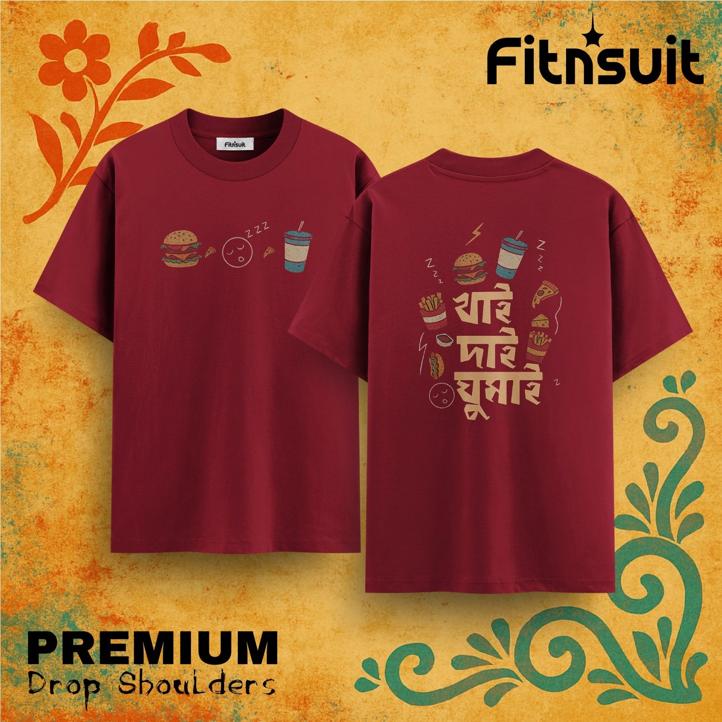 Food and Drinks Bangla Quote Drop Shoulder T shirt