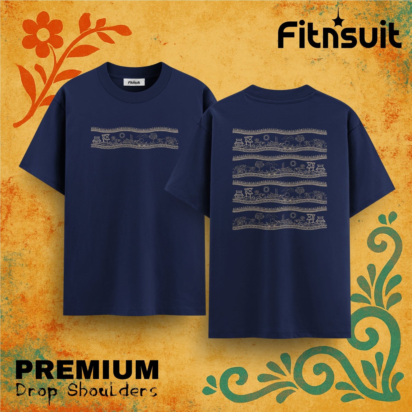 Traditional Nakshi Kantha Pattern Drop Shoulder T shirt