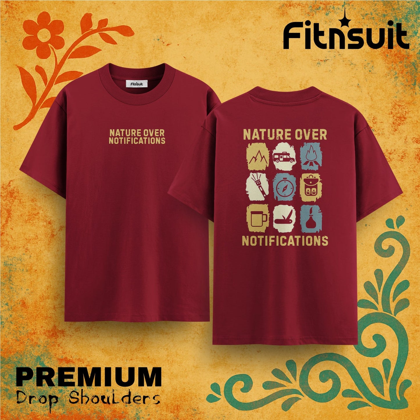 Nature Over Notifications Hiking Icons Drop Shoulder T shirt
