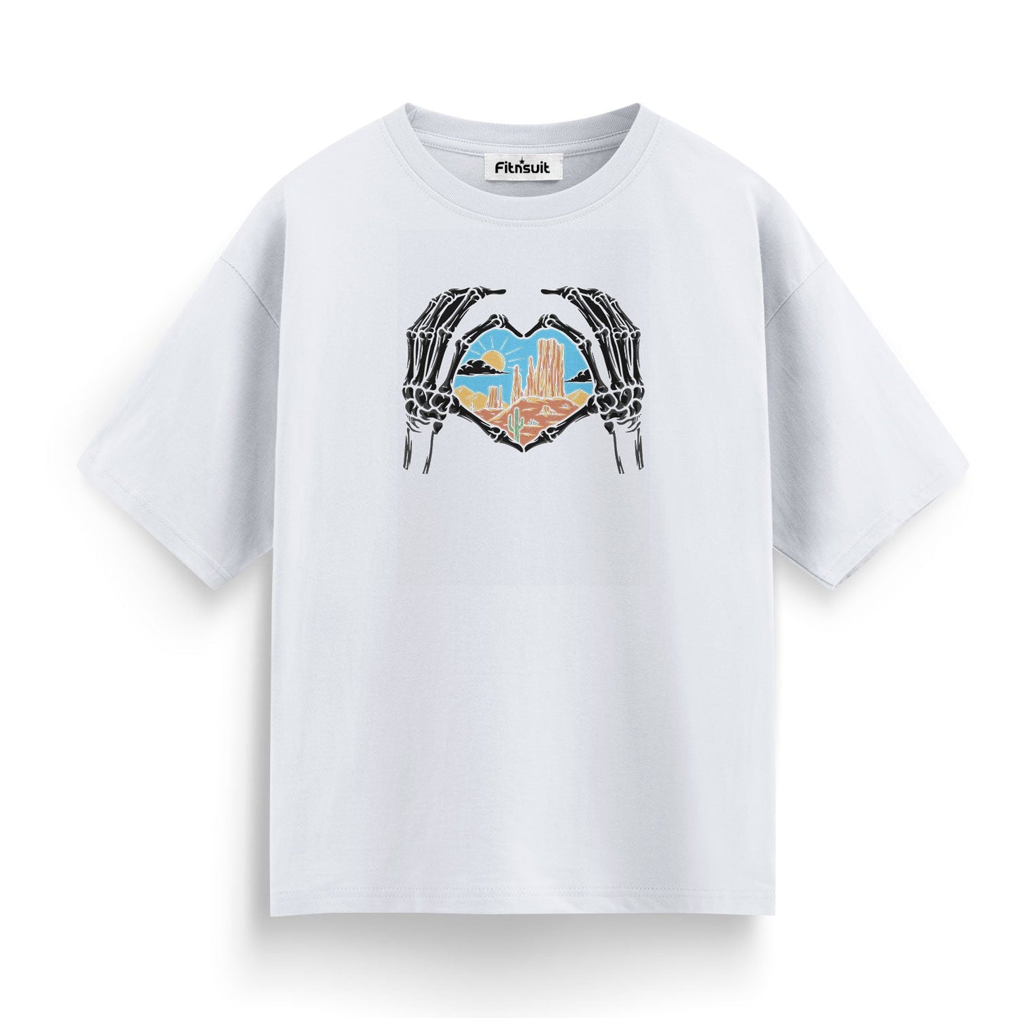 Skeleton Hands Forming Heart Over Desert T shirt for everyone