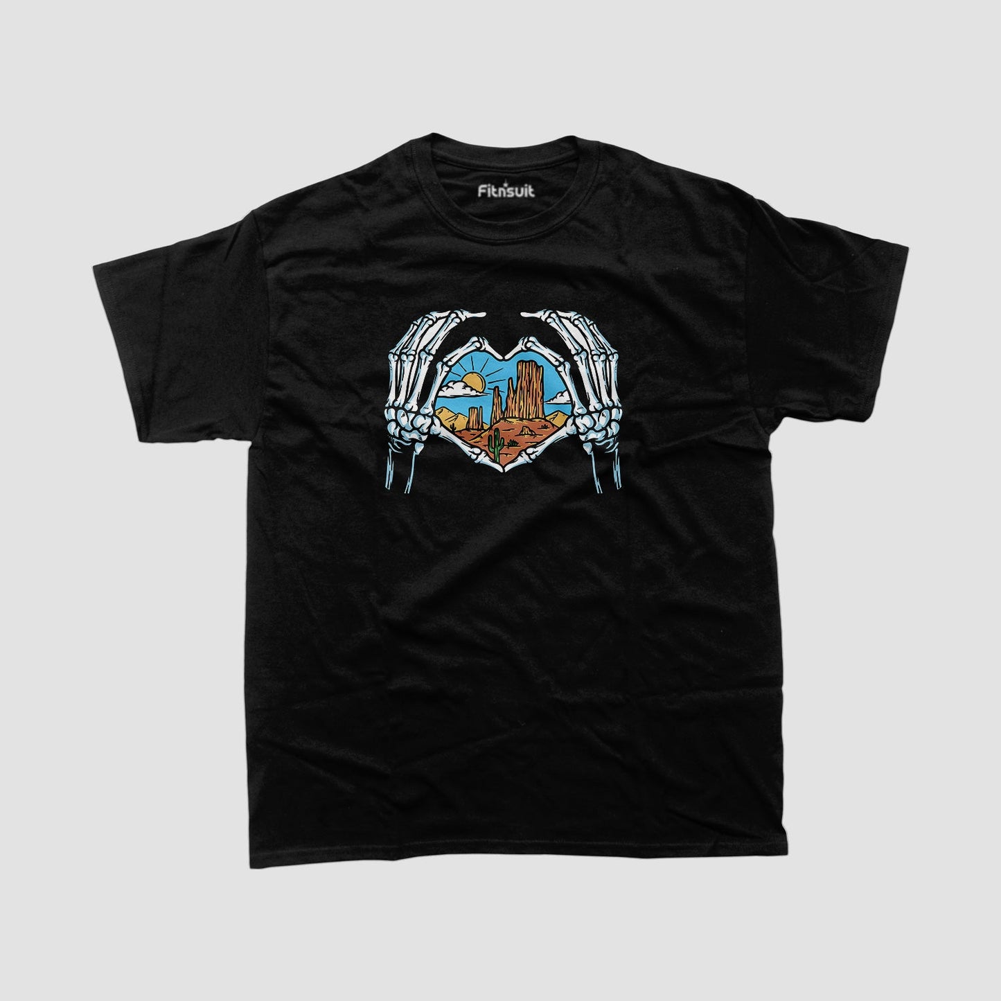 Skeleton Hands Forming Heart Over Desert T shirt for everyone