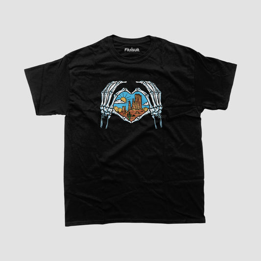 Skeleton Hands Forming Heart Over Desert T shirt for everyone