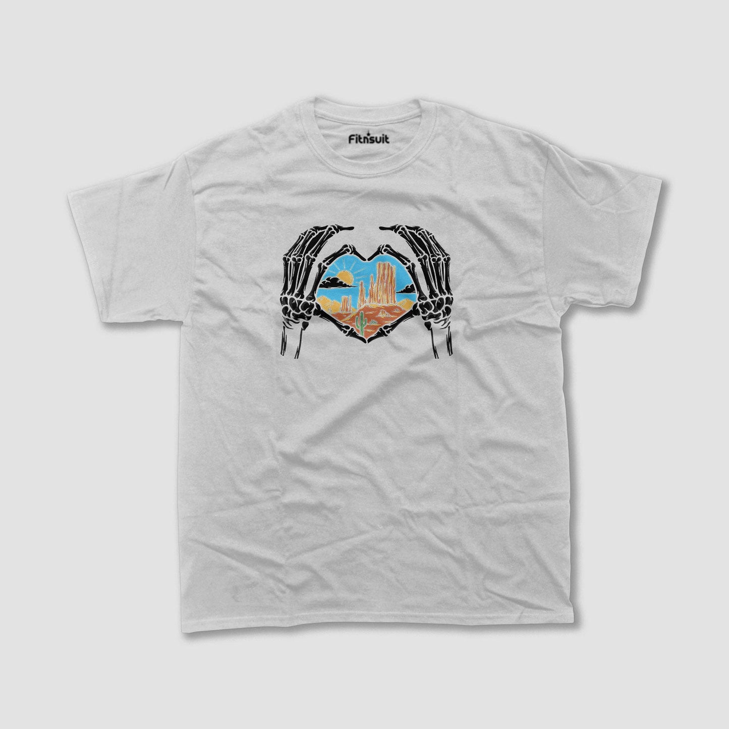 Skeleton Hands Forming Heart Over Desert T shirt for everyone
