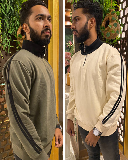 Cream and Black Stripe Premium Zipper Sweatshirt
