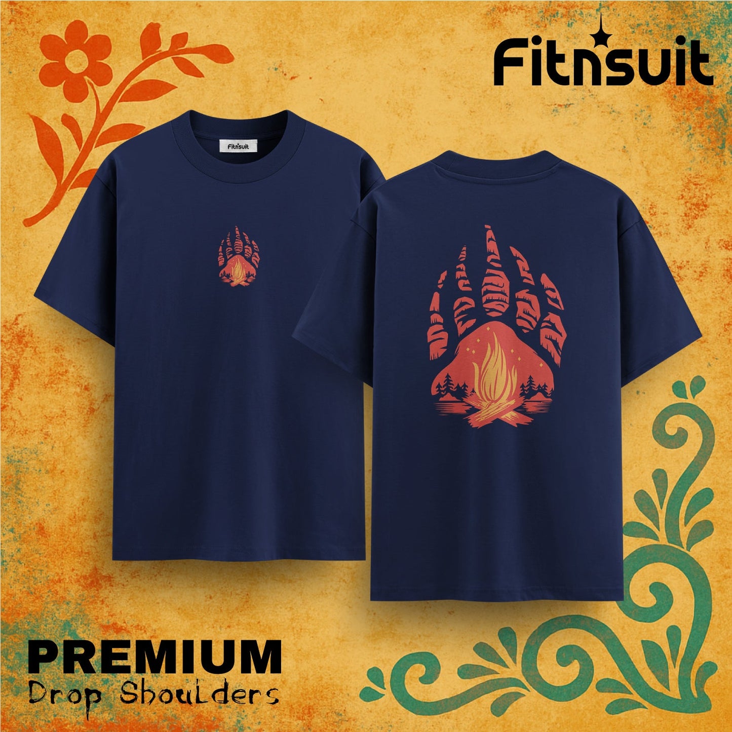 Campfire Bear Claw Silhouette Outdoor Drop Shoulder T shirt
