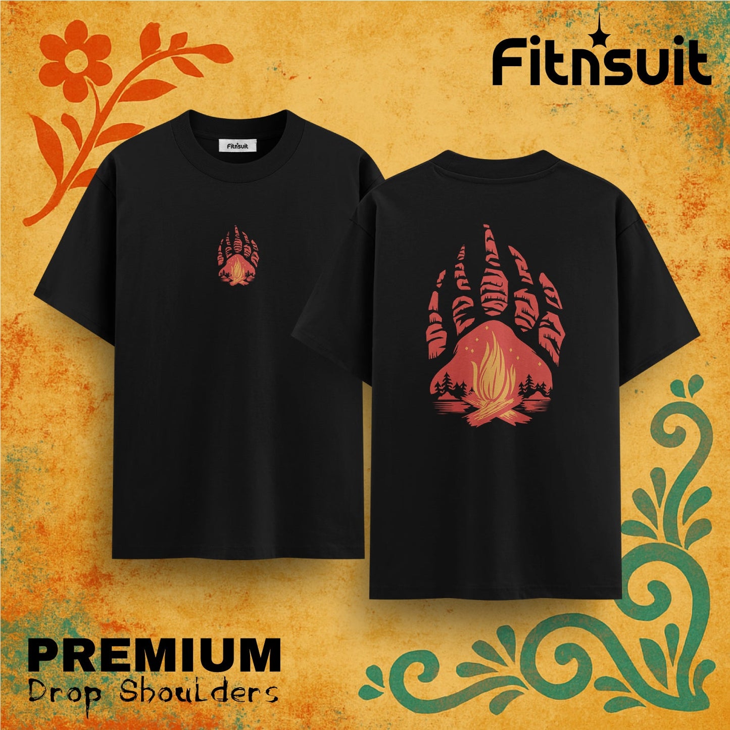 Campfire Bear Claw Silhouette Outdoor Drop Shoulder T shirt