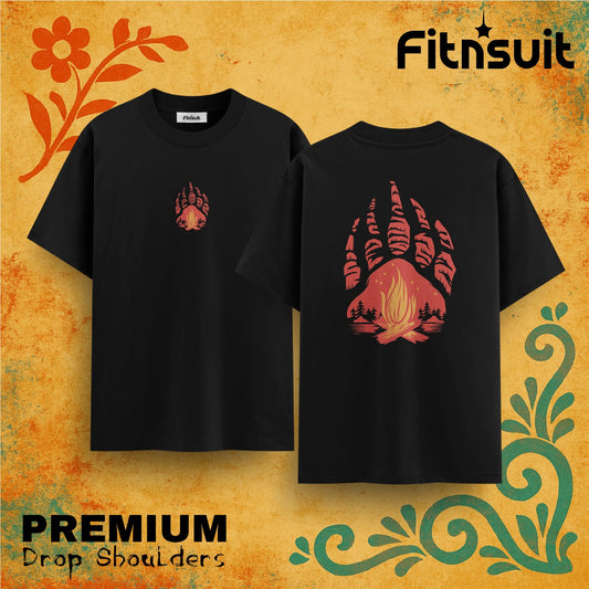Campfire Bear Claw Silhouette Outdoor Drop Shoulder T shirt