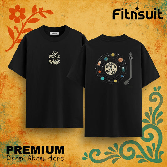 The World Is Yours Planet Vinyl Record Drop Shoulder T shirt