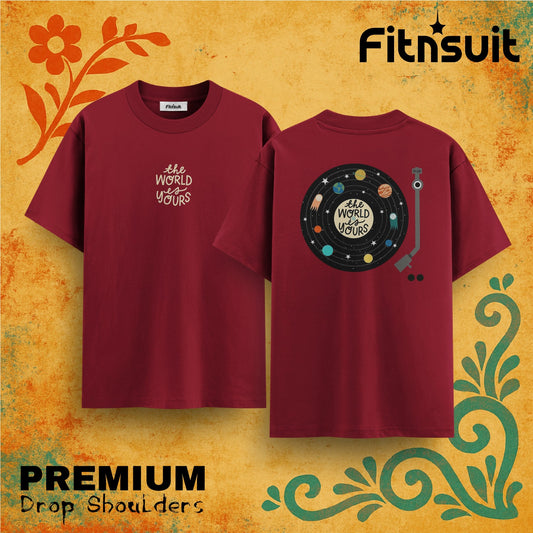 The World Is Yours Planet Vinyl Record Drop Shoulder T shirt