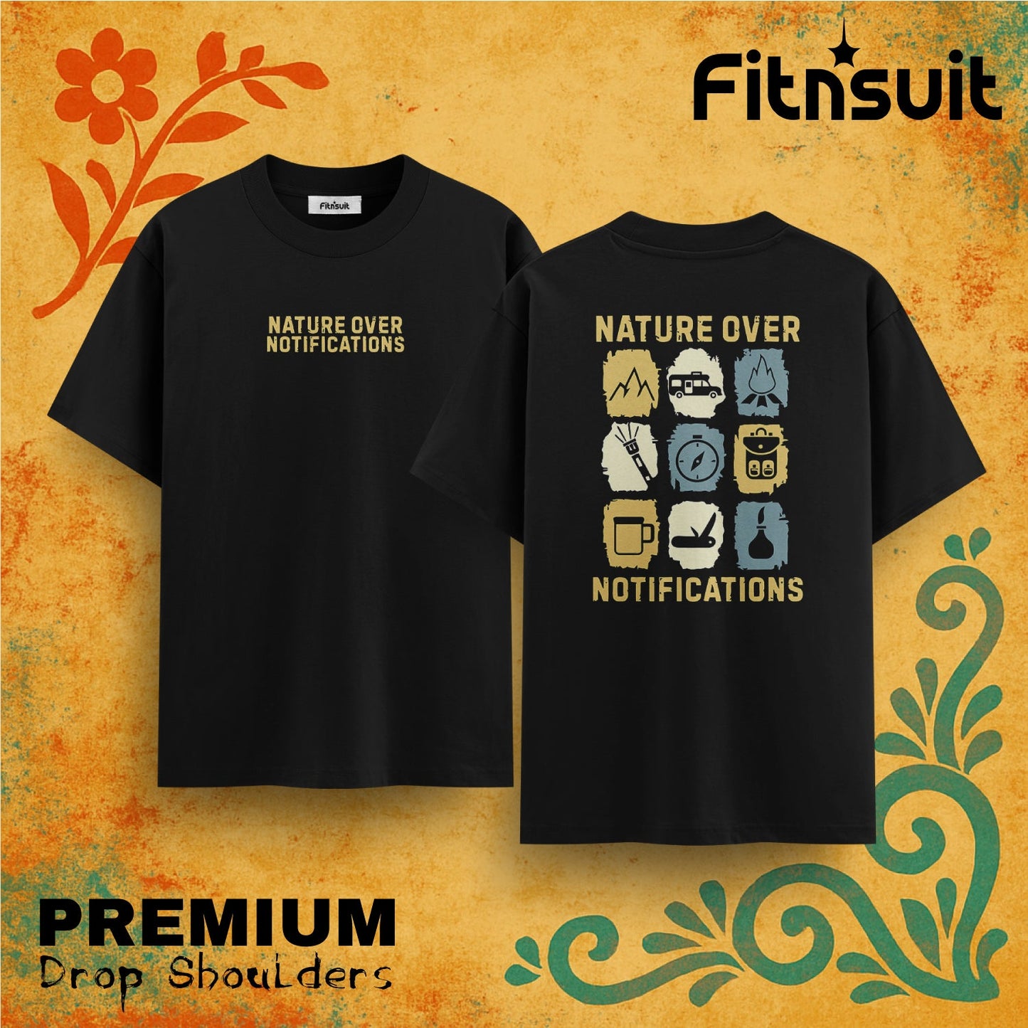 Nature Over Notifications Hiking Icons  Drop Shoulder T shirt