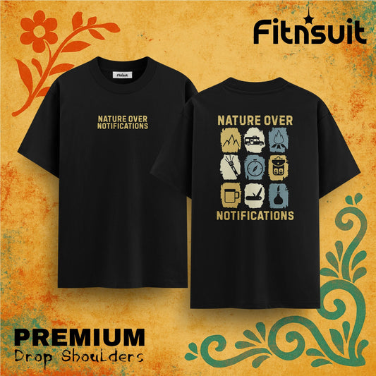Nature Over Notifications Hiking Icons  Drop Shoulder T shirt