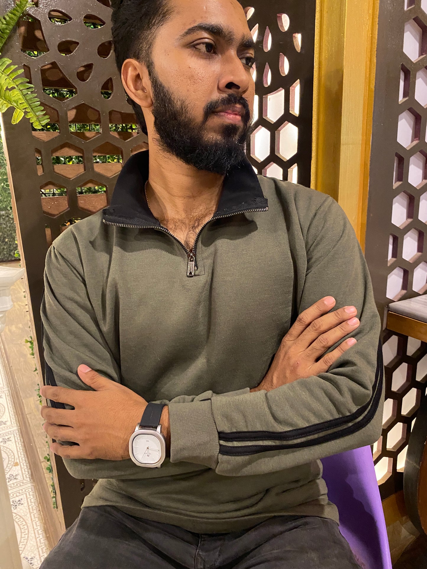 Cream and Black Stripe Premium Zipper Sweatshirt