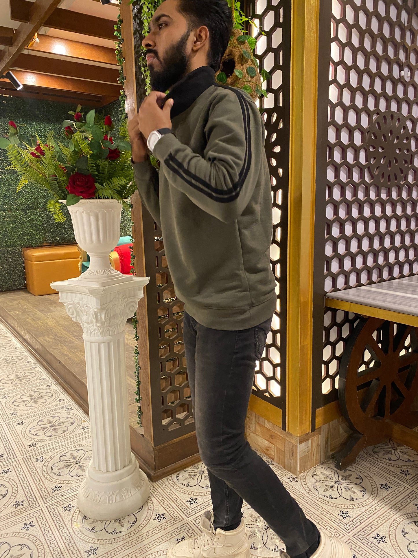 Cream and Black Stripe Premium Zipper Sweatshirt