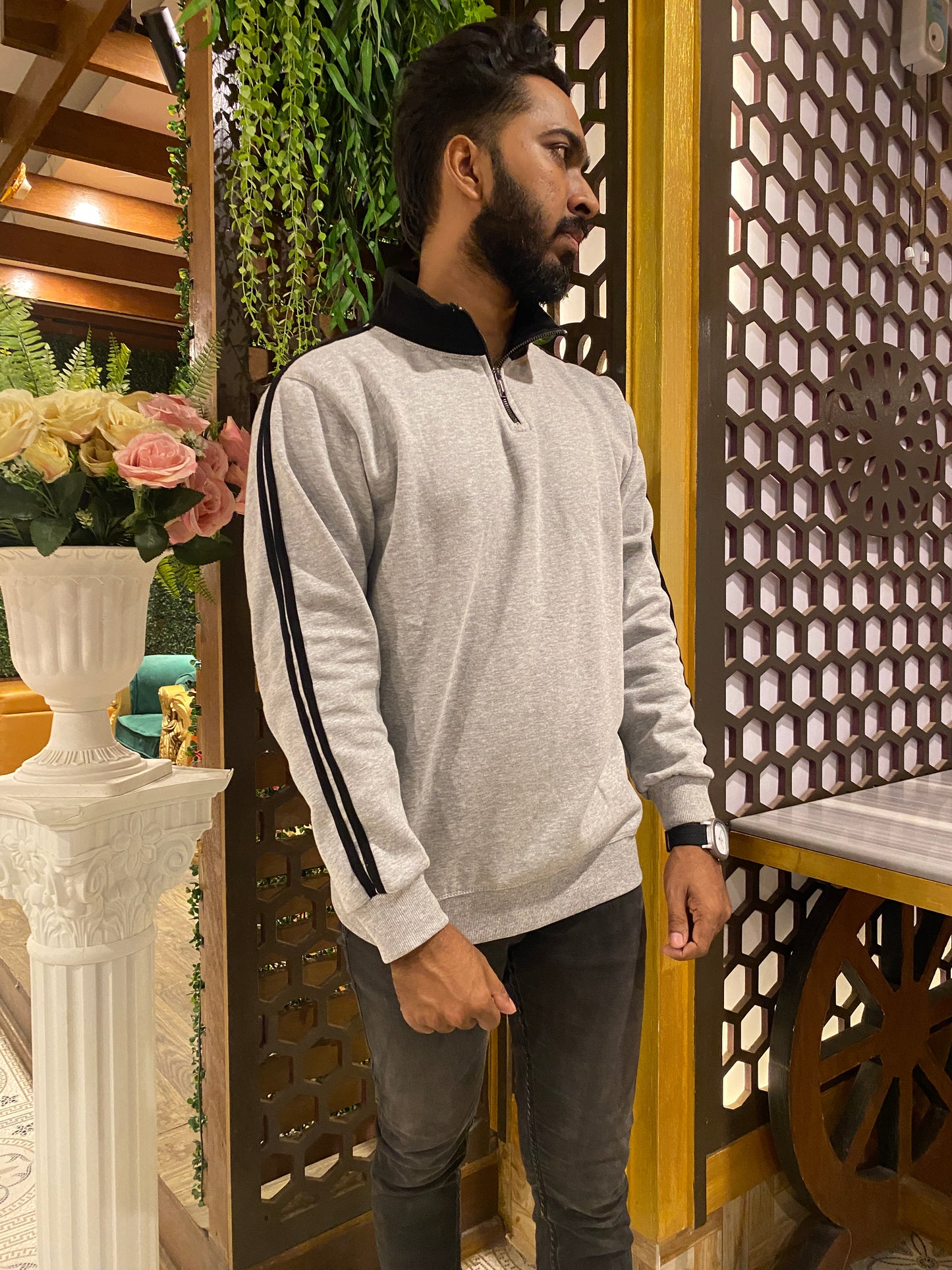 Cream and Black Stripe Premium Zipper Sweatshirt