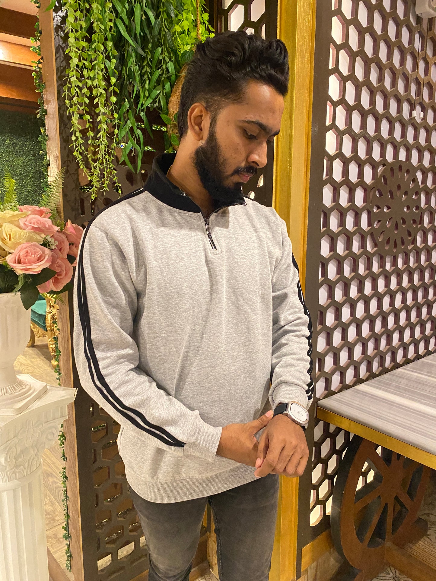 Cream and Black Stripe Premium Zipper Sweatshirt