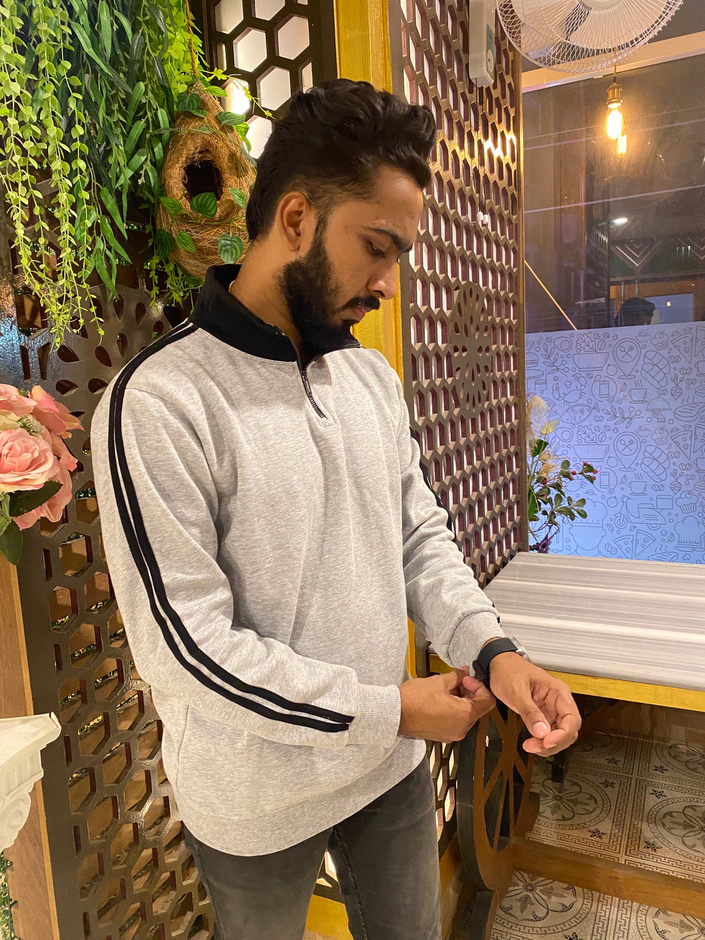 Cream and Black Stripe Premium Zipper Sweatshirt