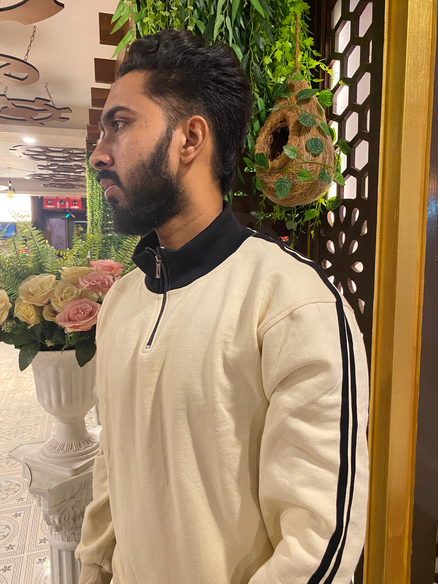 Cream and Black Stripe Premium Zipper Sweatshirt