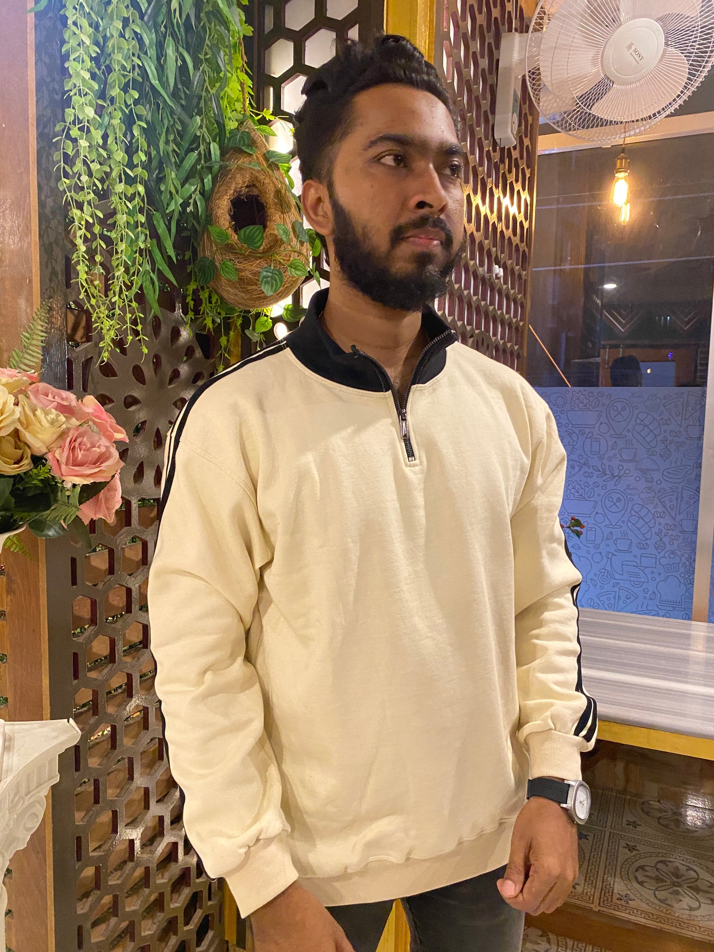 Cream and Black Stripe Premium Zipper Sweatshirt