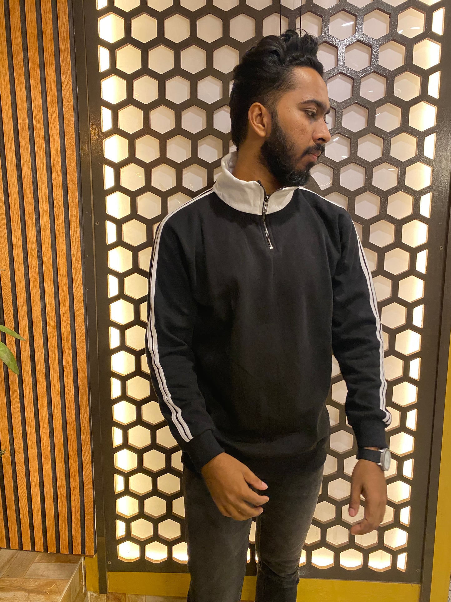 Cream and Black Stripe Premium Zipper Sweatshirt