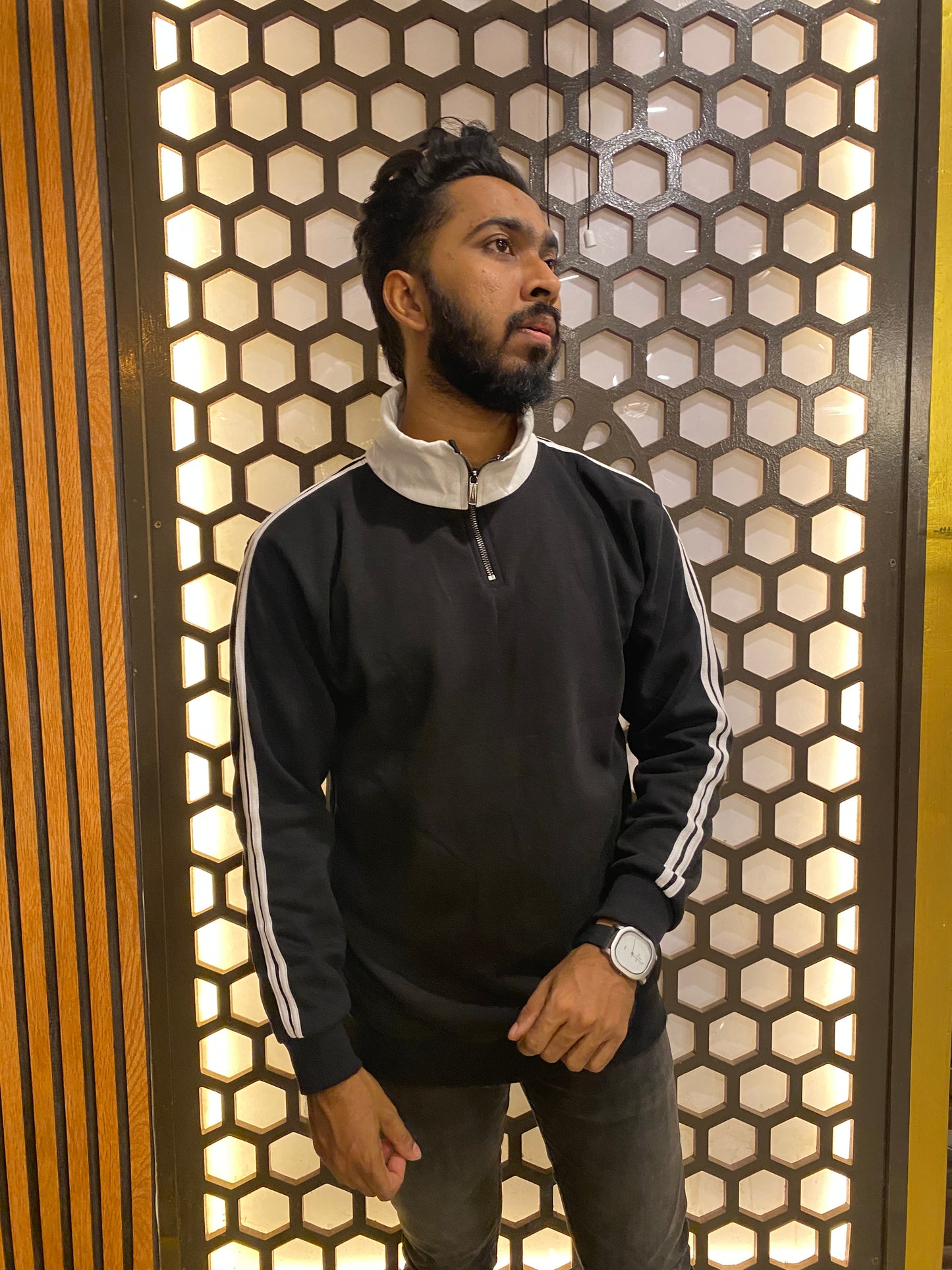 Cream and Black Stripe Premium Zipper Sweatshirt